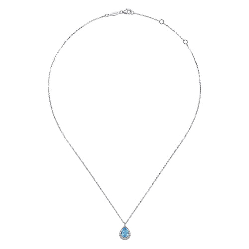 14K White Gold Pear Shape Blue Topaz and Diamond Halo Pendant Necklace