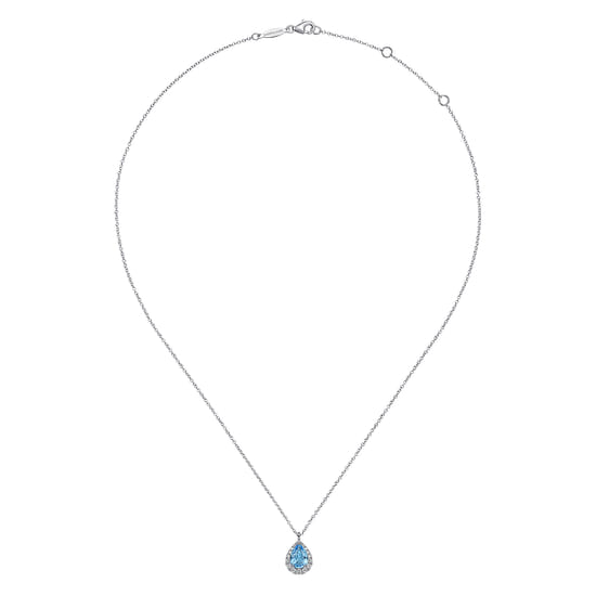 14K White Gold Pear Shape Blue Topaz and Diamond Halo Pendant Necklace angle 2