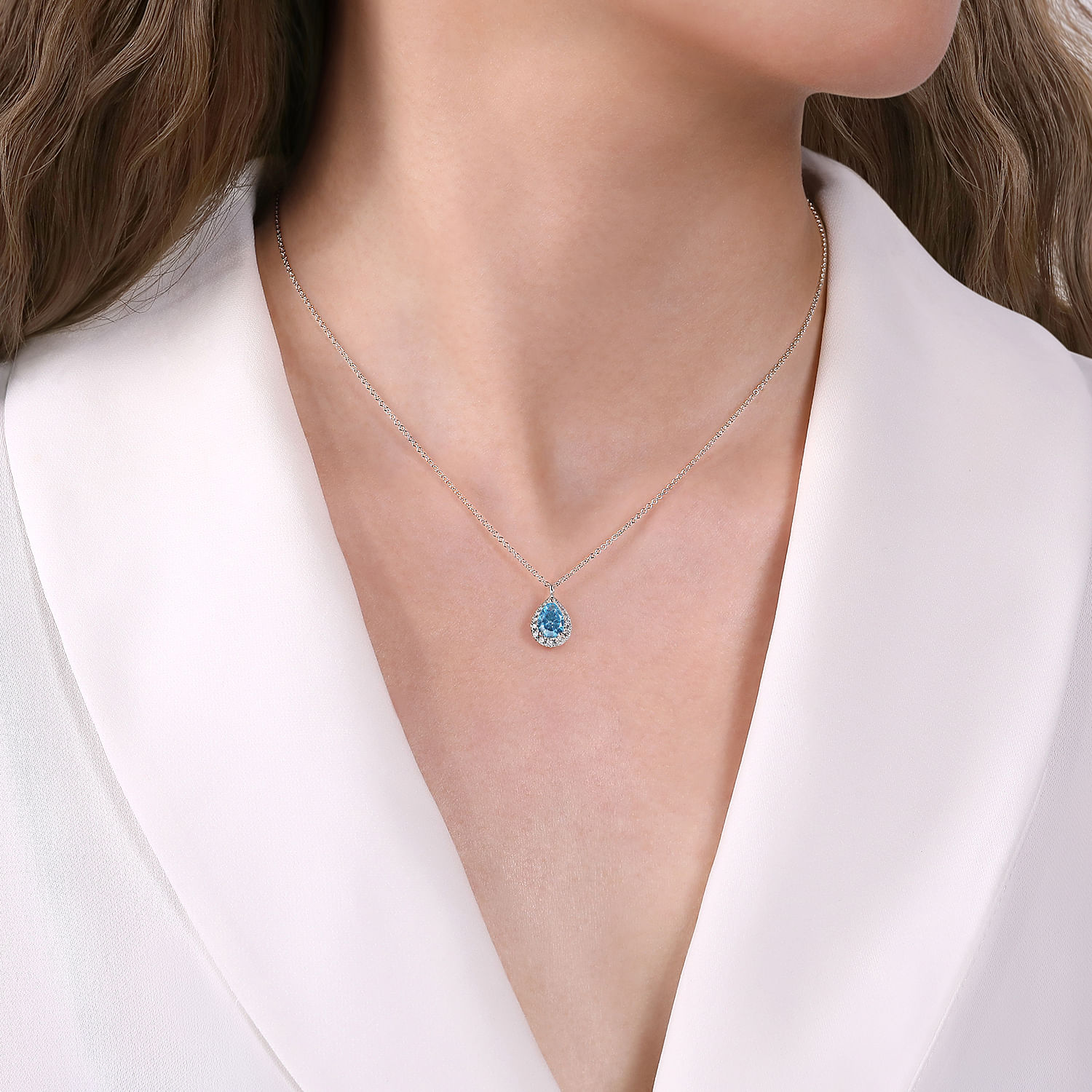 14K White Gold Pear Shape Blue Topaz and Diamond Halo Pendant Necklace