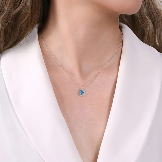 14K White Gold Pear Shape Blue Topaz and Diamond Halo Pendant Necklace angle 3