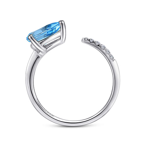 14K White Gold Pear Shape Blue Topaz and Diamond Split Ring