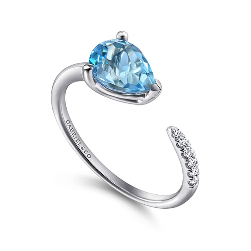 14K White Gold Pear Shape Blue Topaz and Diamond Split Ring