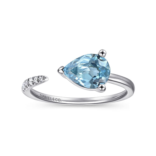 14K White Gold Pear Shape Blue Topaz and Diamond Split Ring