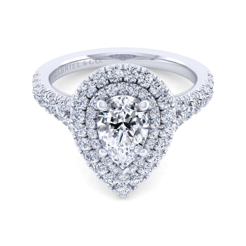 14K White Gold Pear Shape Double Halo Diamond Engagement Ring