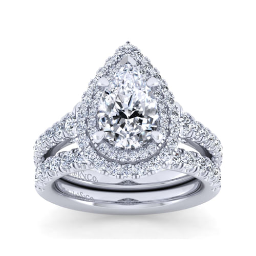 14K White Gold Pear Shape Double Halo Diamond Engagement Ring