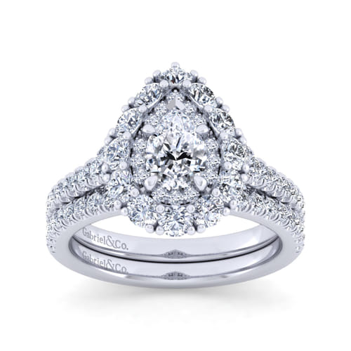 14K White Gold Pear Shape Double Halo Diamond Engagement Ring