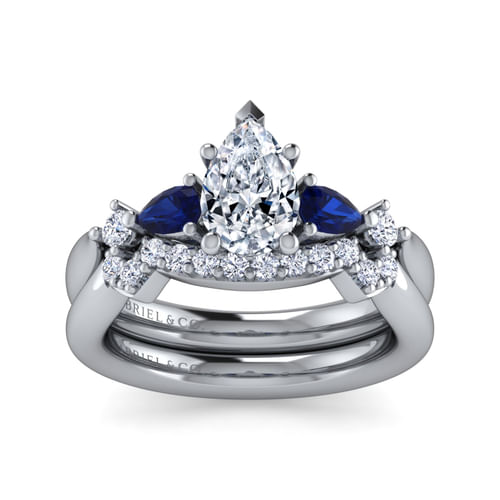 14K White Gold Pear Shape Five Stone Sapphire and Diamond Engagement Ring