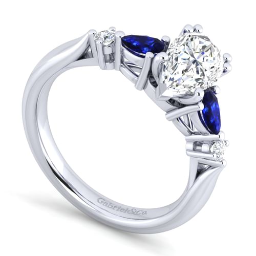 14K White Gold Pear Shape Five Stone Sapphire and Diamond Engagement Ring