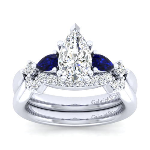14K White Gold Pear Shape Five Stone Sapphire and Diamond Engagement Ring
