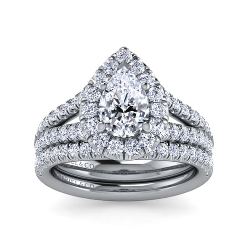 14K White Gold Pear Shape Halo Diamond Engagement Ring
