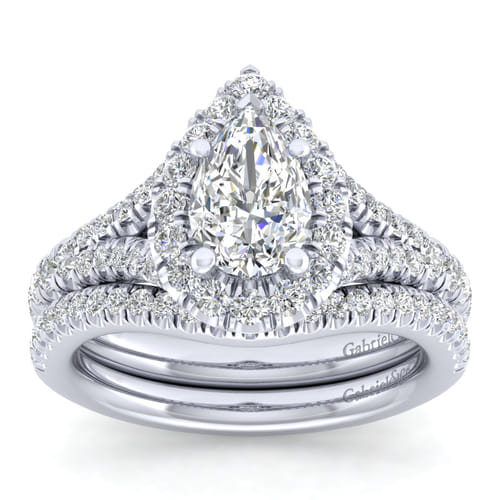 14K White Gold Pear Shape Halo Diamond Engagement Ring
