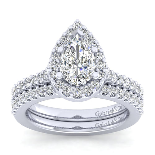 14K White Gold Pear Shape Halo Diamond Engagement Ring