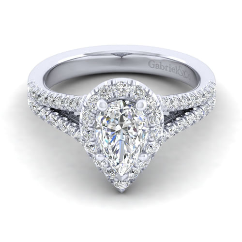 14K White Gold Pear Shape Halo Diamond Engagement Ring