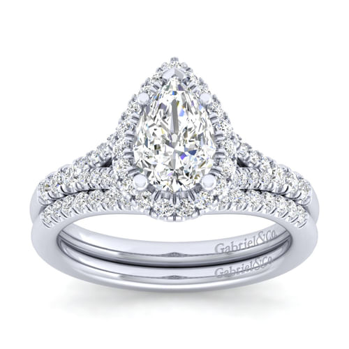 14K White Gold Pear Shape Halo Diamond Engagement Ring