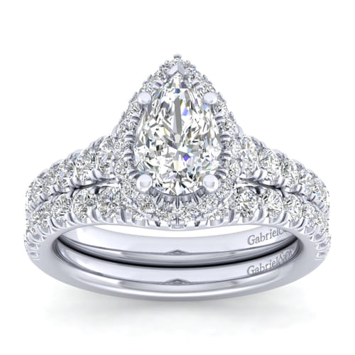 14K White Gold Pear Shape Halo Diamond Engagement Ring