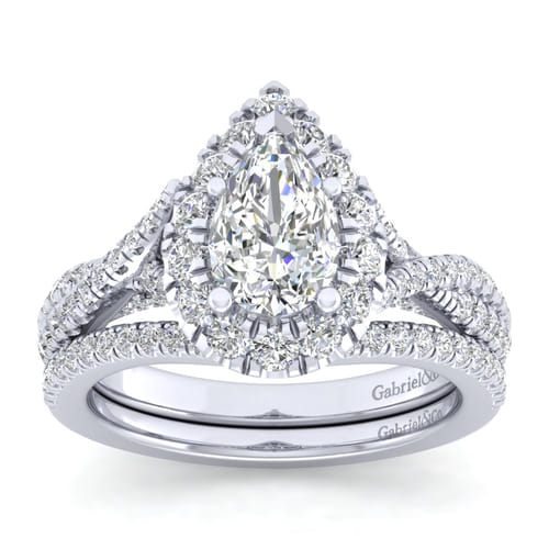 14K White Gold Pear Shape Halo Diamond Engagement Ring