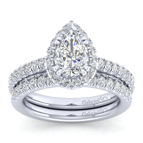 14K White Gold Pear Shape Halo Diamond Engagement Ring