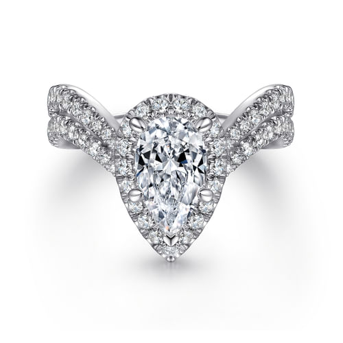 14K White Gold Pear Shape Halo Diamond Engagement Ring