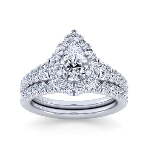 14K White Gold Pear Shape Halo Diamond Engagement Ring