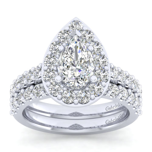 14K White Gold Pear Shape Halo Diamond Engagement Ring