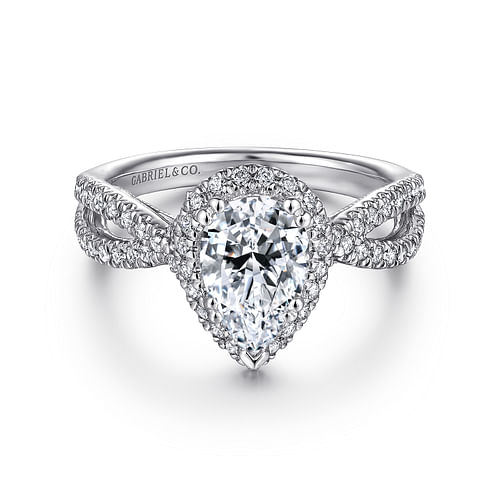 14K White Gold Pear Shape Halo Diamond Engagement Ring