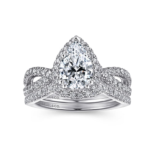 14K White Gold Pear Shape Halo Diamond Engagement Ring