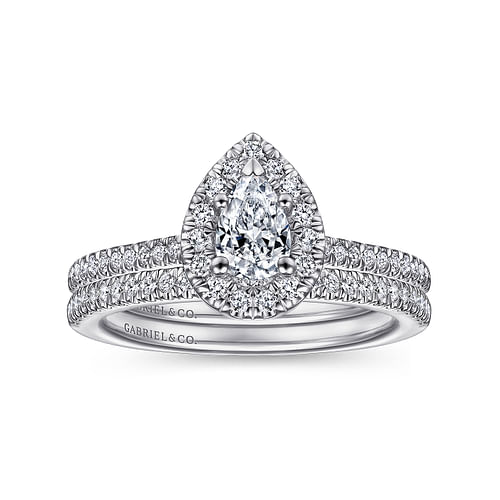 14K White Gold Pear Shape Halo Diamond Engagement Ring