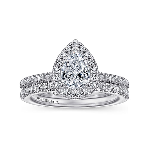 14K White Gold Pear Shape Halo Diamond Engagement Ring