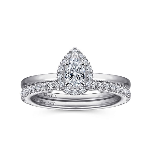 14K White Gold Pear Shape Halo Diamond Engagement Ring