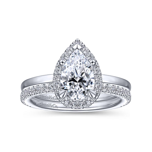 14K White Gold Pear Shape Halo Diamond Engagement Ring