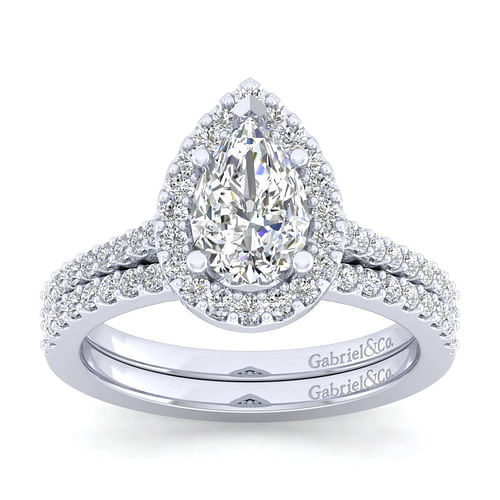 14K White Gold Pear Shape Halo Diamond Engagement Ring