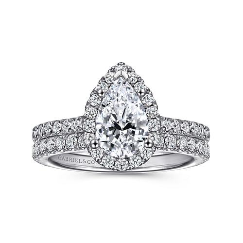 14K White Gold Pear Shape Halo Diamond Engagement Ring