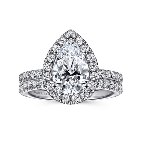 14K White Gold Pear Shape Halo Diamond Engagement Ring