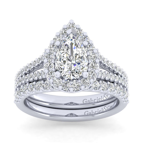 14K White Gold Pear Shape Halo Diamond Engagement Ring