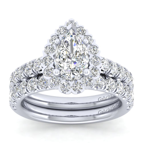 14K White Gold Pear Shape Halo Diamond Engagement Ring