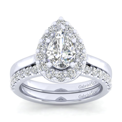 14K White Gold Pear Shape Halo Diamond Engagement Ring