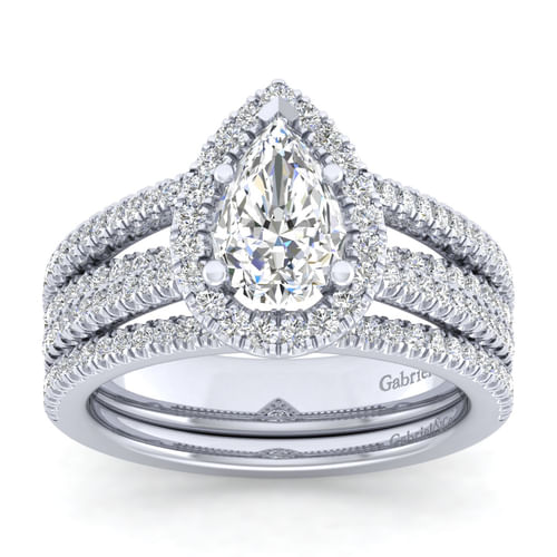14K White Gold Pear Shape Halo Diamond Engagement Ring