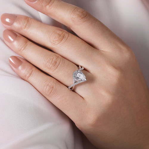 14K White Gold Pear Shape Halo Diamond Engagement Ring