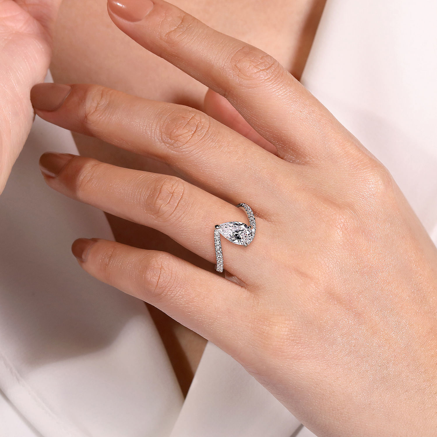 14K White Gold Pear Shape Hidden Halo Bypass Engagement Ring