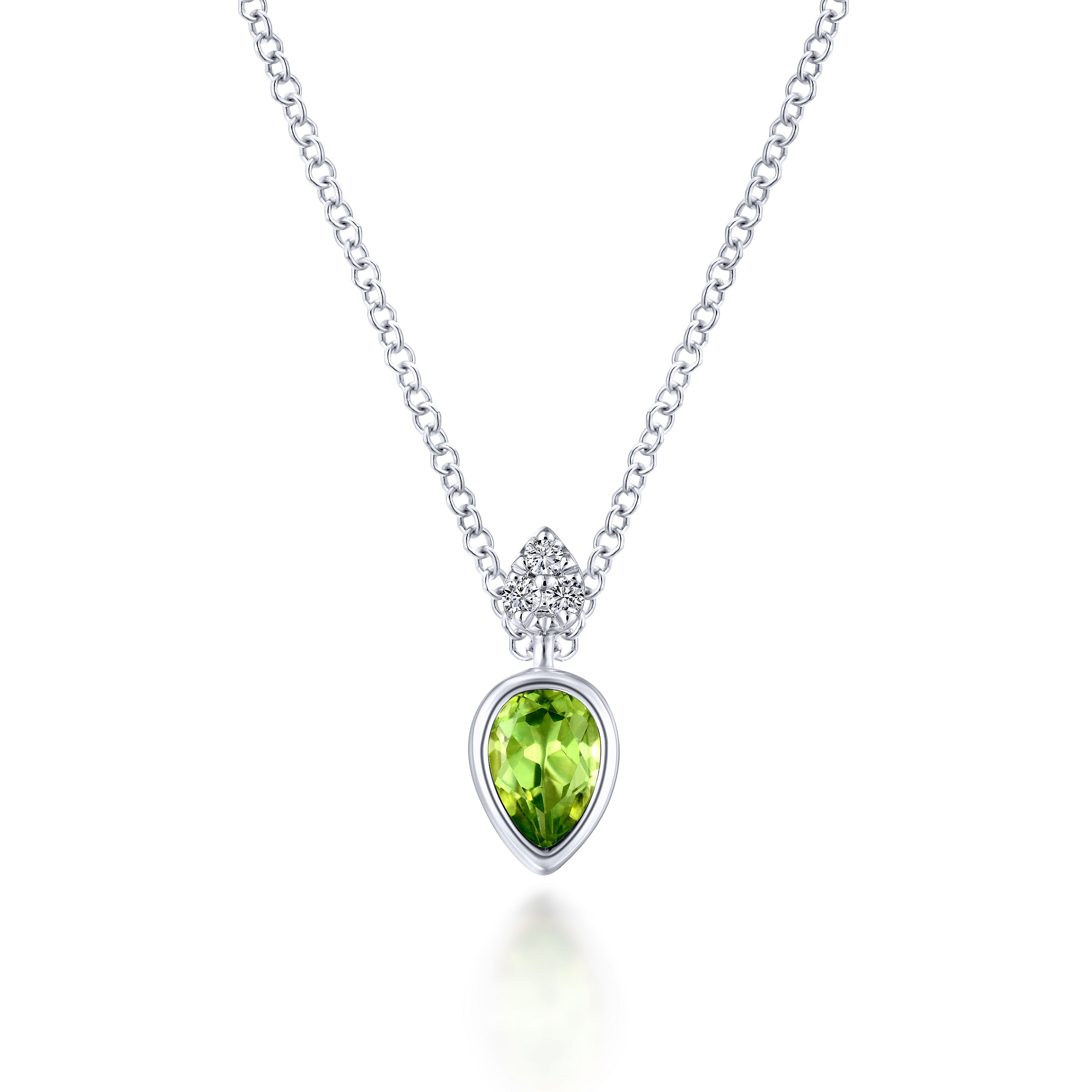 14K White Gold Pear Shape Peridot Pendant Necklace with Diamond Accents