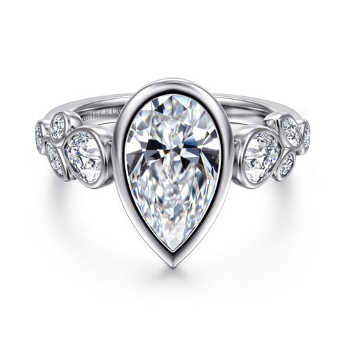 14K White Gold Pear Shape Three Stone Bezel Diamond Engagement Ring