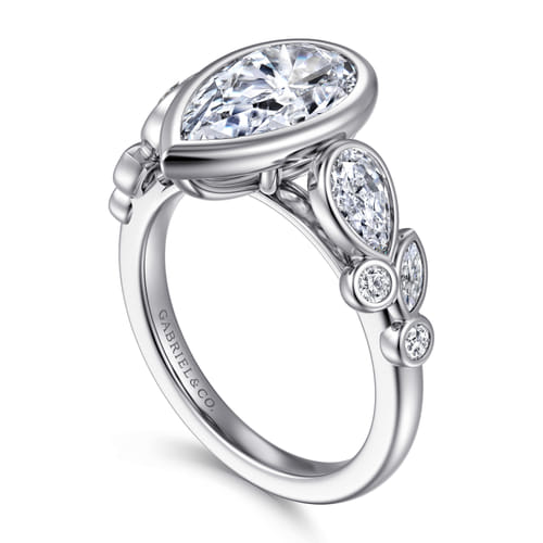 14K White Gold Pear Shape Three Stone Bezel Diamond Engagement Ring