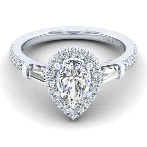 14K White Gold Pear Shape Three Stone Halo Diamond Channel Set Engagement Ring