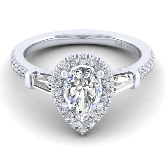 Gabriel - 14K White Gold Pear Shape Three Stone Halo Diamond Channel Set Engagement Ring