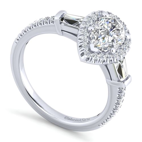 14K White Gold Pear Shape Three Stone Halo Diamond Channel Set Engagement Ring