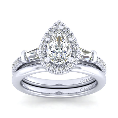 14K White Gold Pear Shape Three Stone Halo Diamond Channel Set Engagement Ring