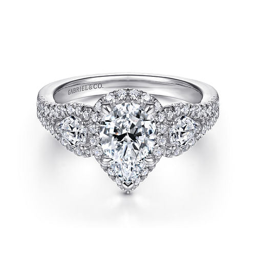 14K White Gold Pear Shape Three Stone Halo Diamond Engagement Ring