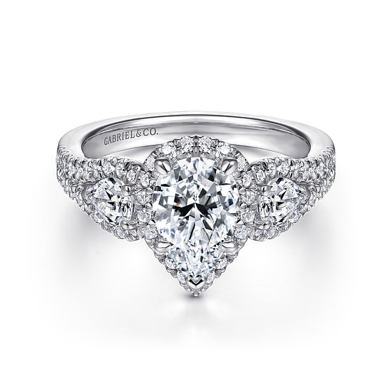 Gabriel - 14K White Gold Pear Shape Three Stone Halo Diamond Engagement Ring