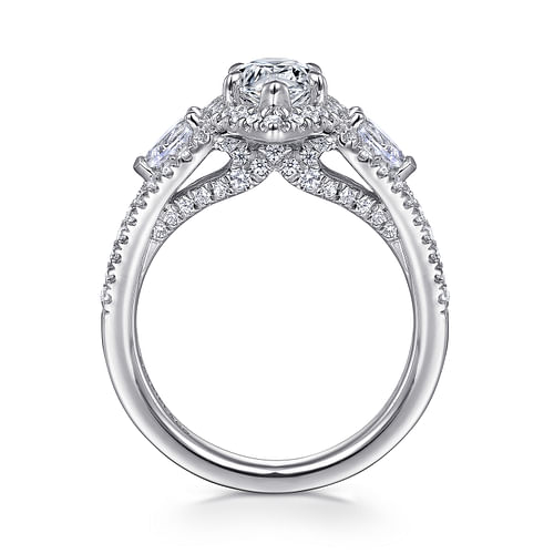 14K White Gold Pear Shape Three Stone Halo Diamond Engagement Ring