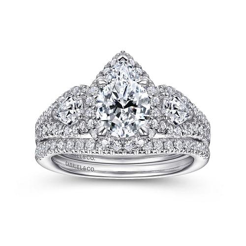 14K White Gold Pear Shape Three Stone Halo Diamond Engagement Ring